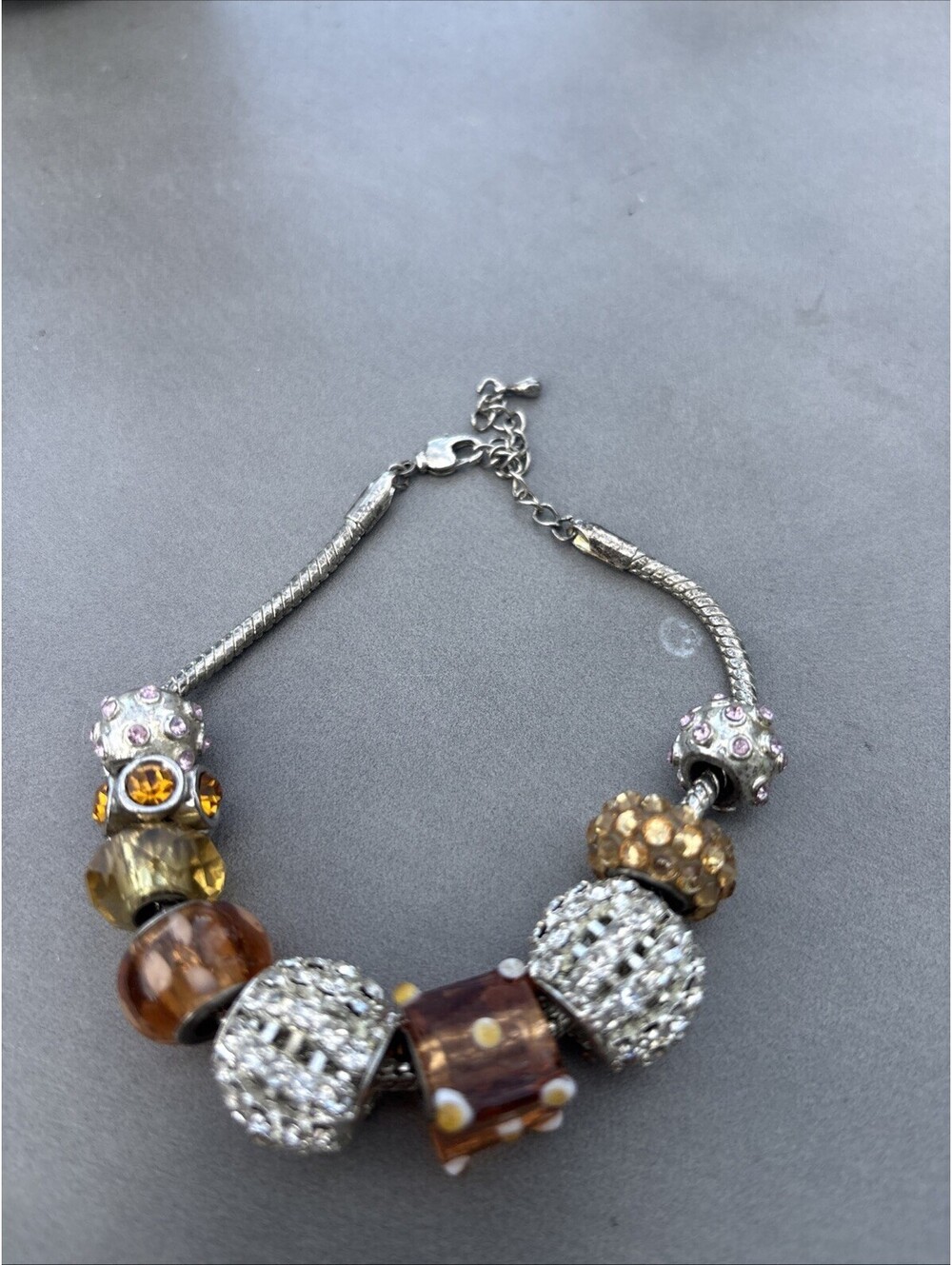 925 ITALY Silver Snake Bracelet w/Brown and Mesh Beads & Rhinestone Spacers